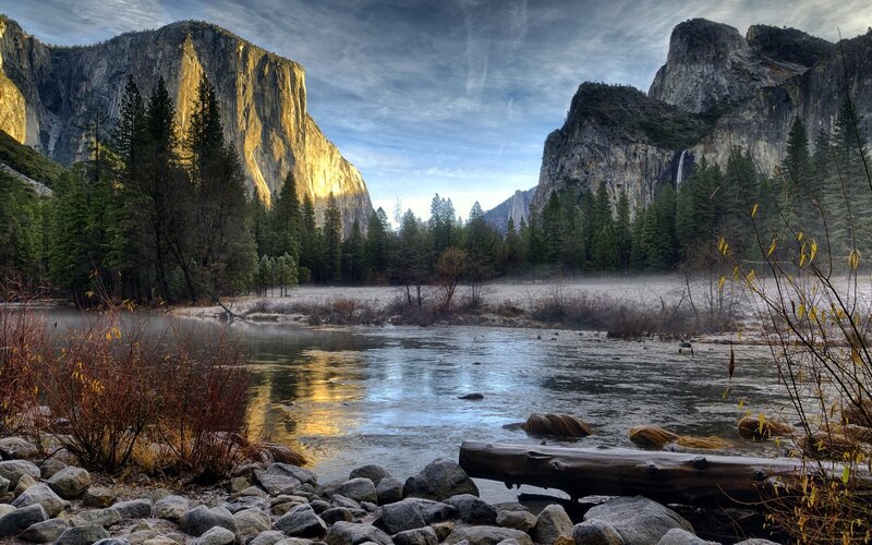 Yosemite Valley Landscape — Blue, Serene, Morning, Photograph, River, Mountains