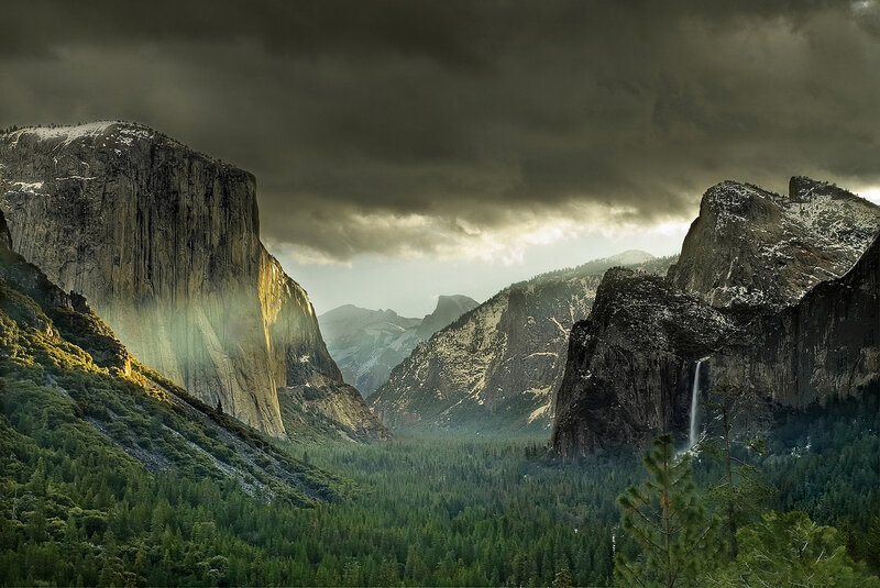 Yosemite Valley Landscape — Green, Dramatic, Afternoon, Photograph, Mountains, Forest, Clouds