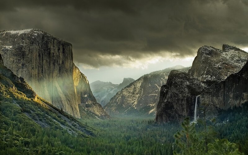 Yosemite Valley Landscape — Green, Dramatic, Afternoon, Photograph, Mountains, Forest, Waterfall, Clouds, Gray, Brown
