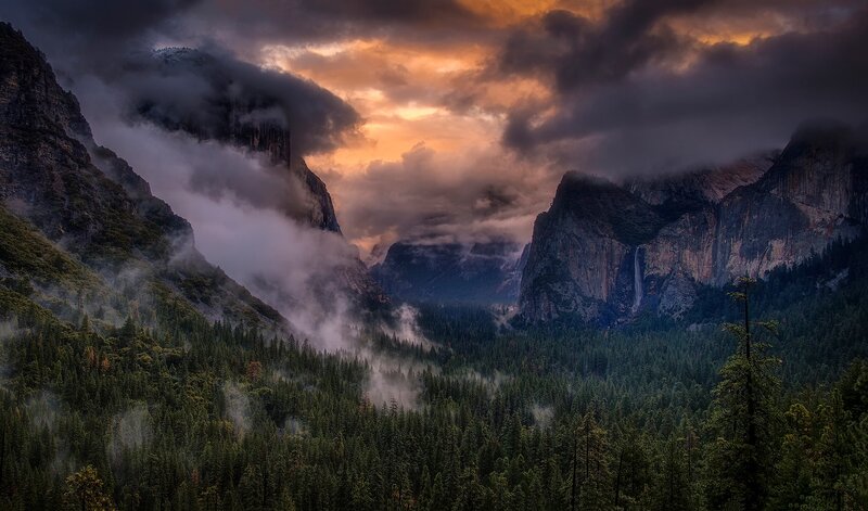 Yosemite Valley Landscape — Green, Dramatic, Sunset, Photograph, Mountains, Forest, Clouds