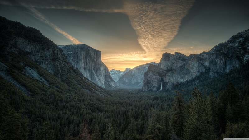 Yosemite Valley Landscape — Green, Dramatic, Sunset, Photograph, Mountains, Forest, Waterfall, Clouds