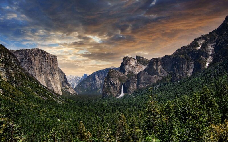 Yosemite Valley Landscape — Green, Dramatic, Sunset, Photograph, Mountains, Forest, Waterfall