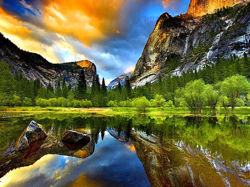 Yosemite Valley Landscape — Green, Dramatic, Sunset, Photograph