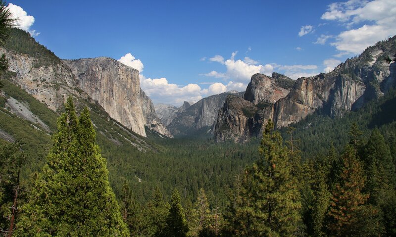 Yosemite Valley Landscape — Green, Serene, Afternoon, Photograph, Mountains, Forests, Sky, Blue