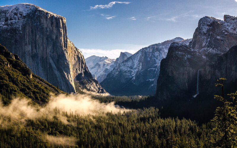Yosemite Valley Landscape — Green, Serene, Morning, Photograph, Mountains