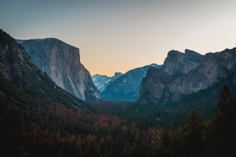 Yosemite Valley Landscape — Green, Serene, Sunset, Photograph, Mountains, Forest, Sky