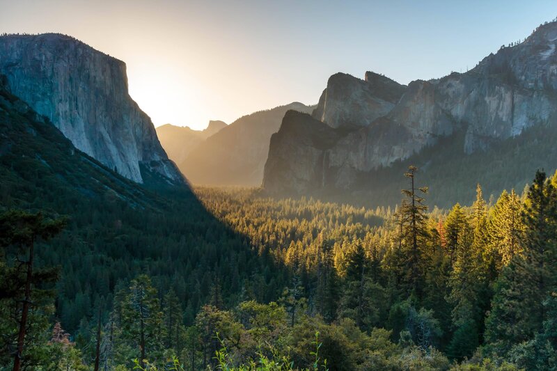 Yosemite Valley Landscape — Green, Serene, Sunset, Photograph, Mountains, Forest