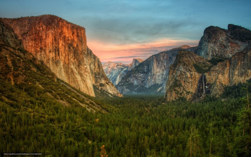 Yosemite Valley Landscape — Green, Serene, Sunset, Photograph, Mountains, Forest, Waterfall