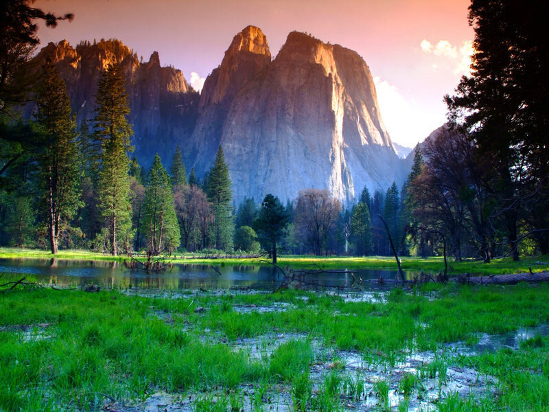 Yosemite Valley Landscape — Green, Serene, Sunset, Photograph, Mountains, Trees, River, Blue