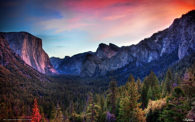 Yosemite Valley Landscape — Red, Dramatic, Sunset, Photograph, Mountains