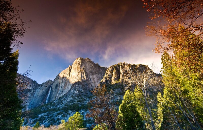 Yosemite Waterfall — Green, Dramatic, Sunset
