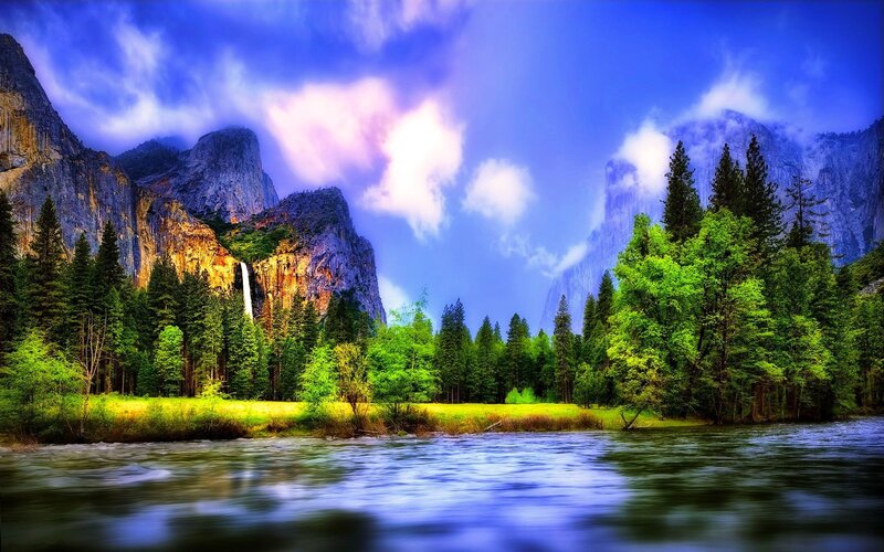 Yosemite Waterfall Landscape — Blue