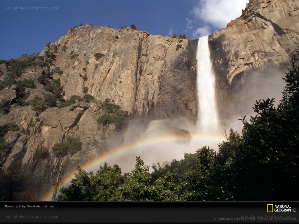 Yosemite waterfall with rainbow