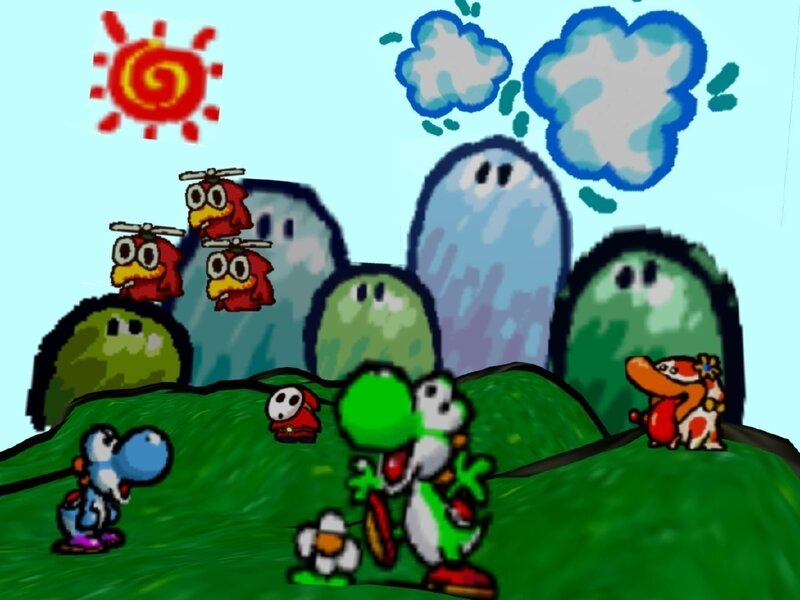 Yoshi and friends in a cartoon landscape