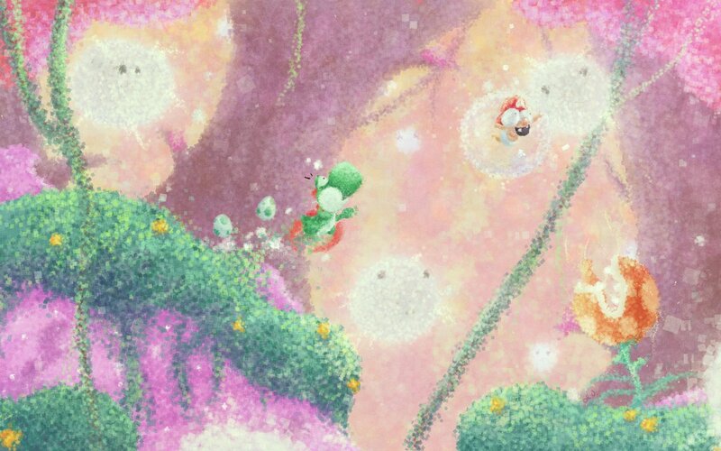 Yoshi and Mario in a dreamy world