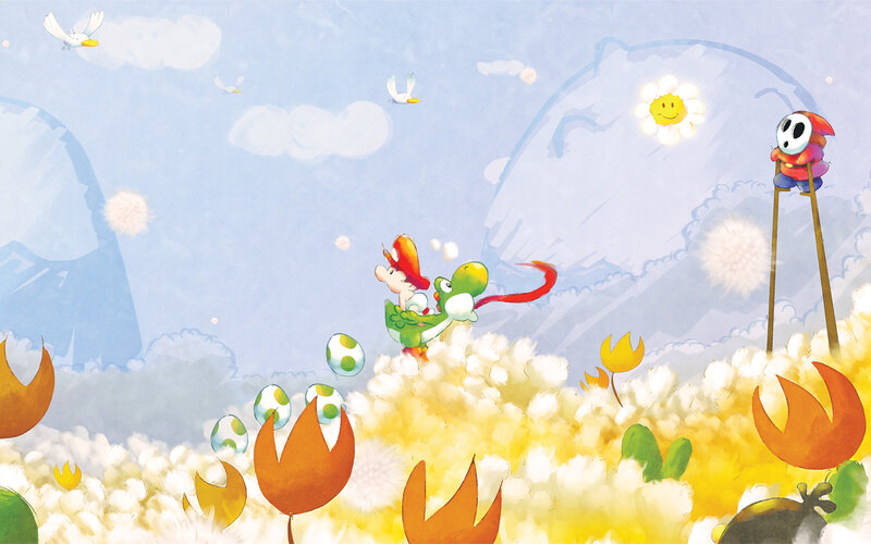 Yoshi and Shy Guy in a flower field