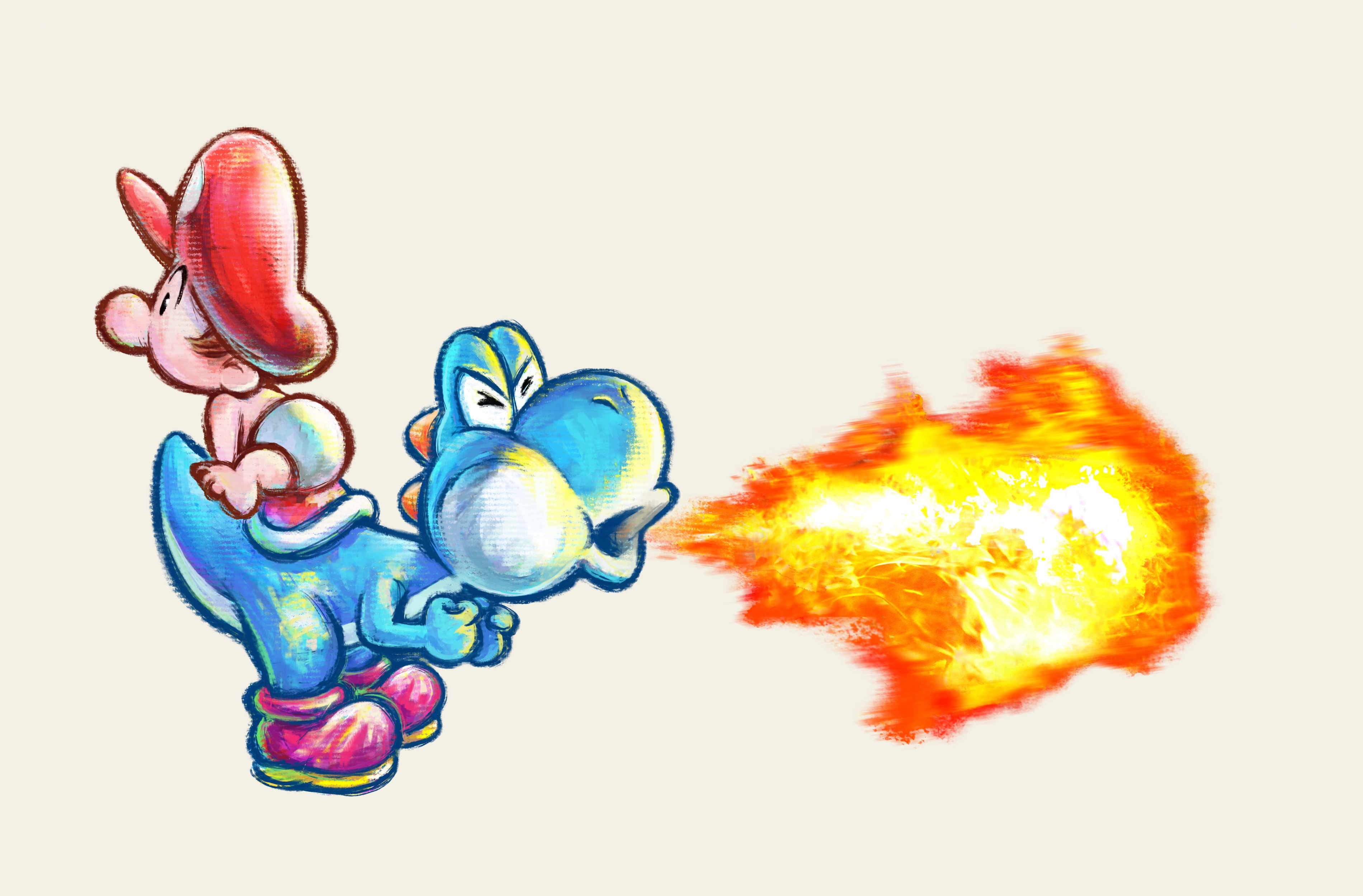 Yoshi breathing fire with Mario