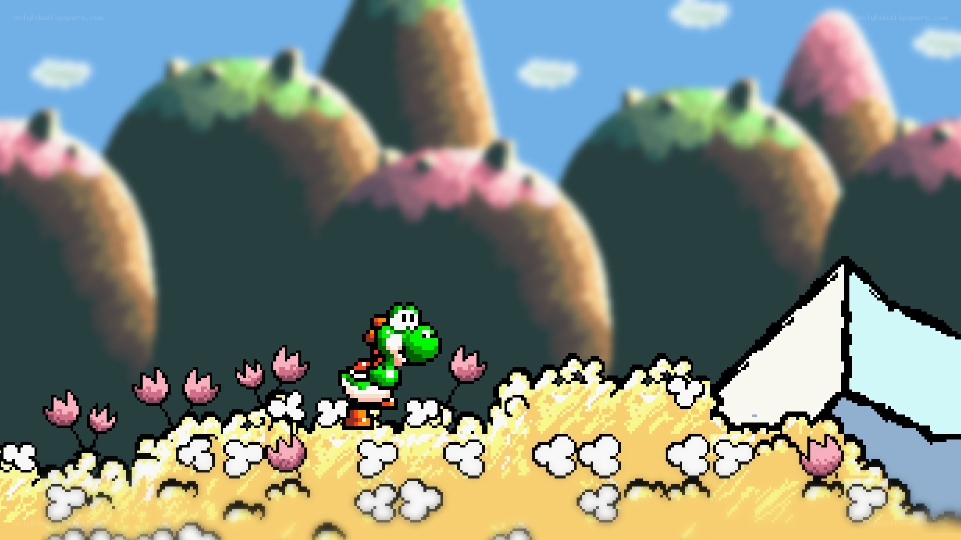 Yoshi in a pixel art landscape