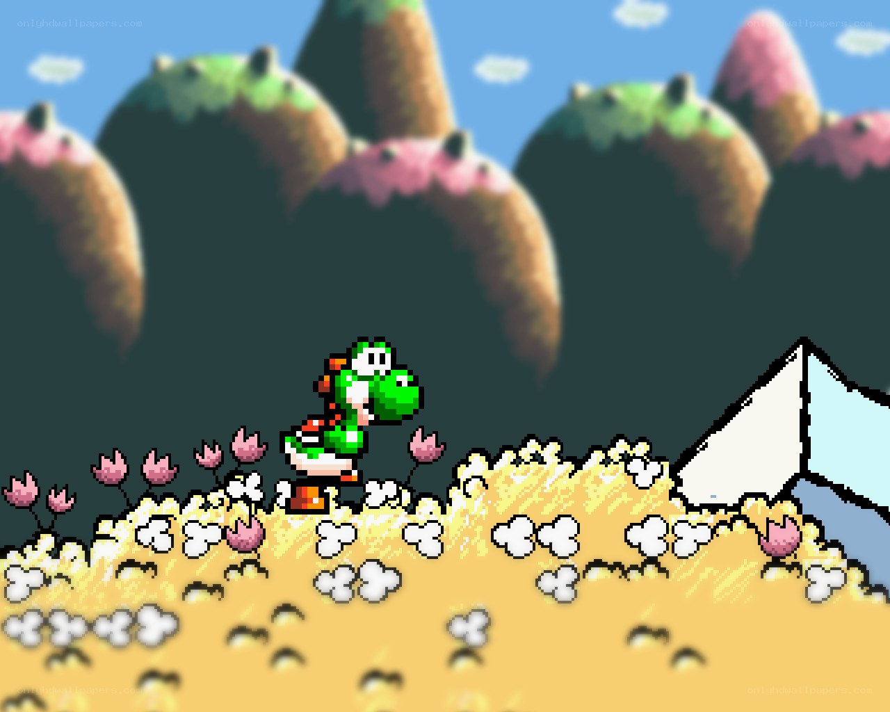 Yoshi in a pixel art world