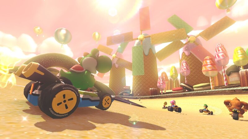 Yoshi racing in a candy world