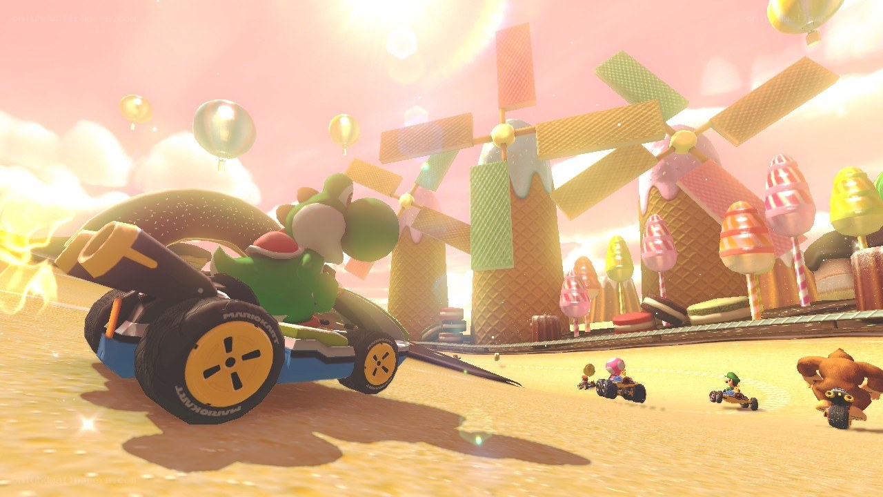 Yoshi racing in a candy world