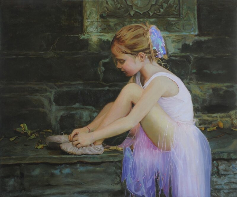 Young Ballerina Tying Shoes