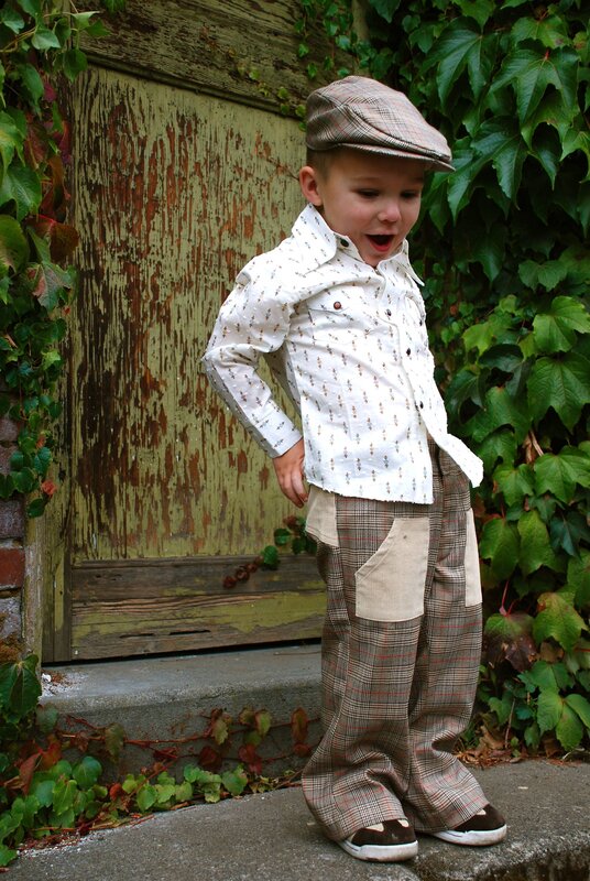 young boy in plaid outfit