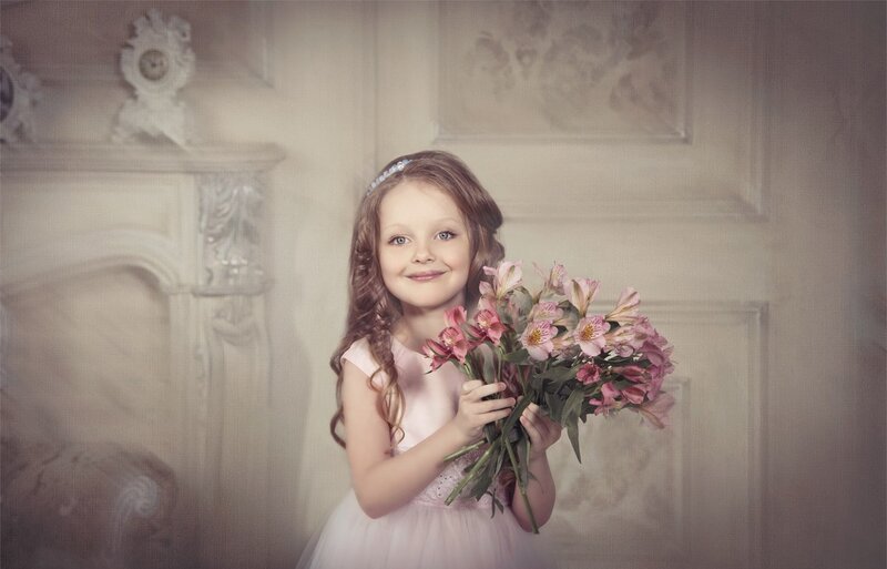 Young Girl Holding Flowers — Pink, Serene, Photograph