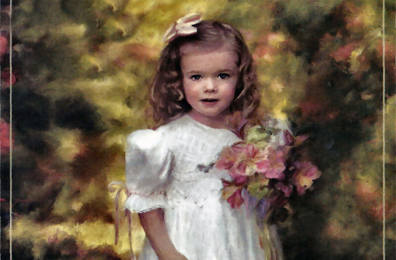 Young Girl Holding Flowers — White, Serene, Painting