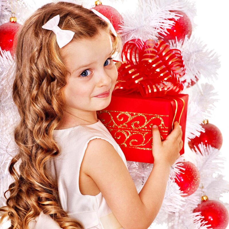 Young Girl Holding Gift — Red, Festive
