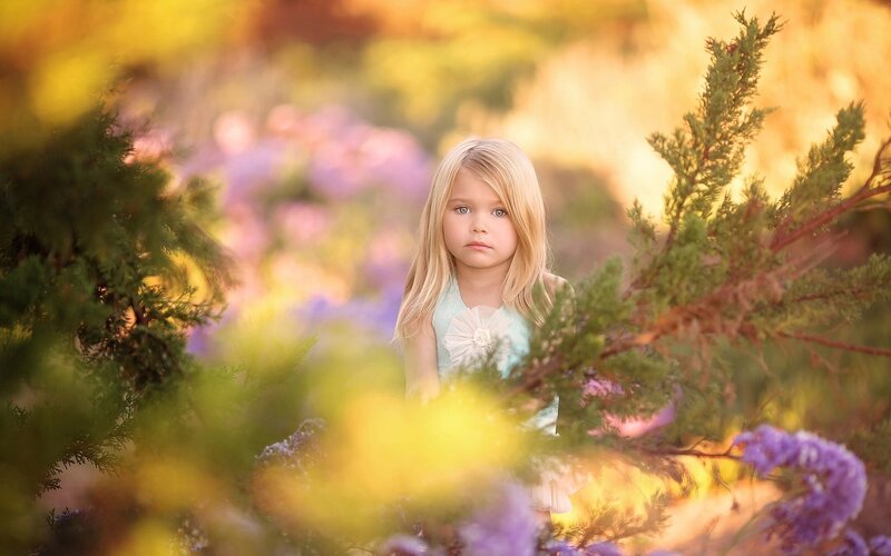 Young Girl in Garden — Purple, Serene, Sunset