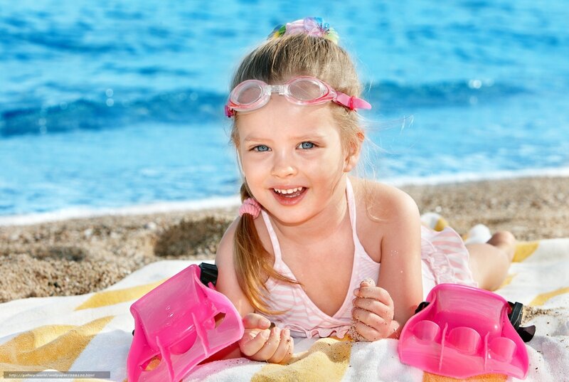 Young Girl on Beach — Blue, Happy