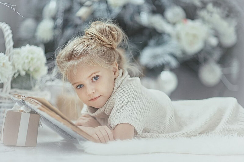 Young Girl Reading Book — White, Serene