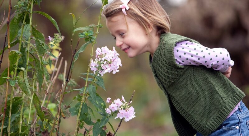Young Girl Smelling Flowers — Green, Calm