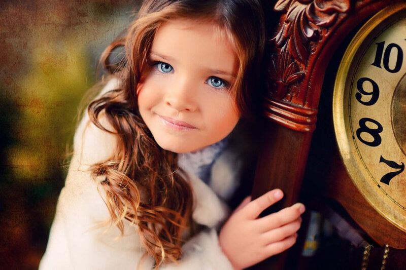 Young Girl with Blue Eyes — Brown, Calm, Photograph, Clock