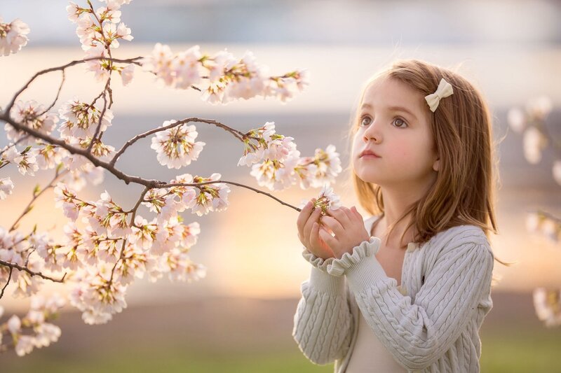 Young Girl with Cherry Blossoms — White