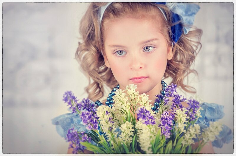 Young Girl with Flowers — Blue, Serene