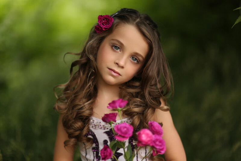 Young Girl with Flowers — Green, Serene, Photograph