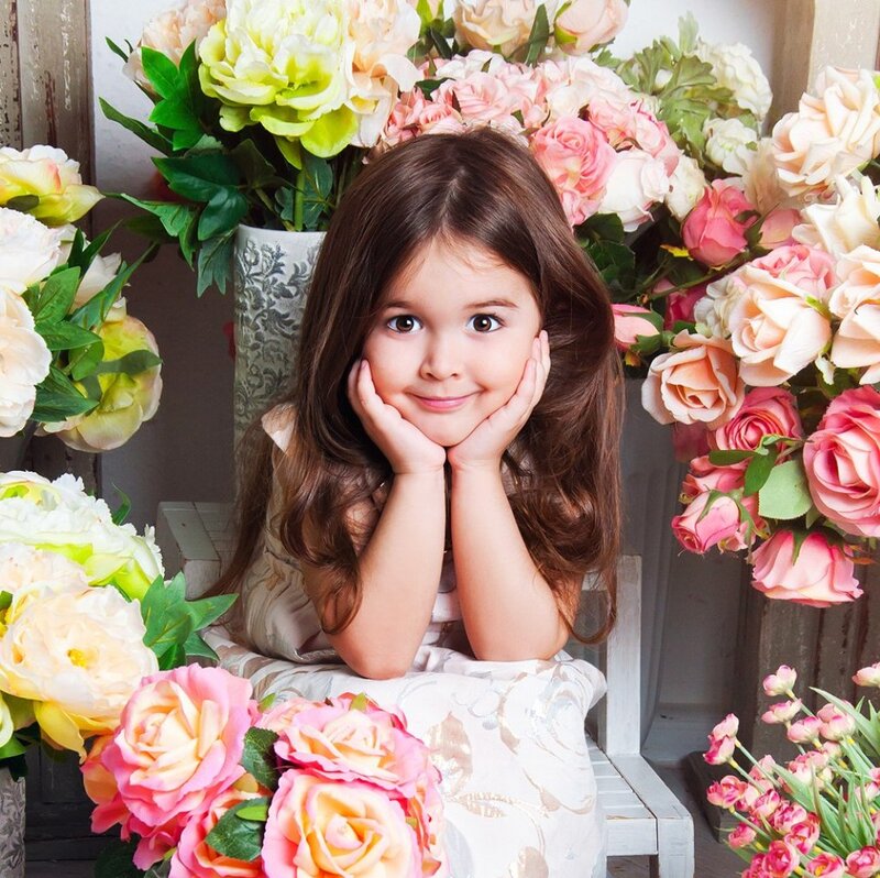 Young Girl with Flowers — Pink, Calm, Photograph