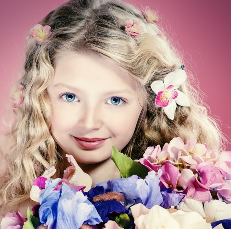 Young Girl with Flowers — Pink, Cheerful