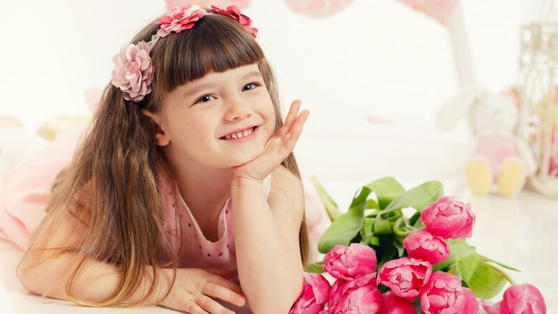 Young Girl with Flowers — Pink, Happy, Photograph