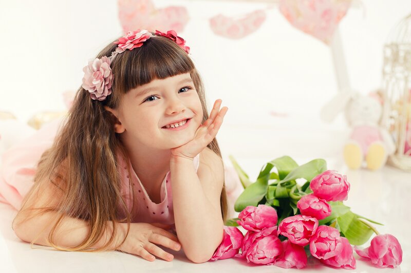 Young Girl with Flowers — Pink, Happy