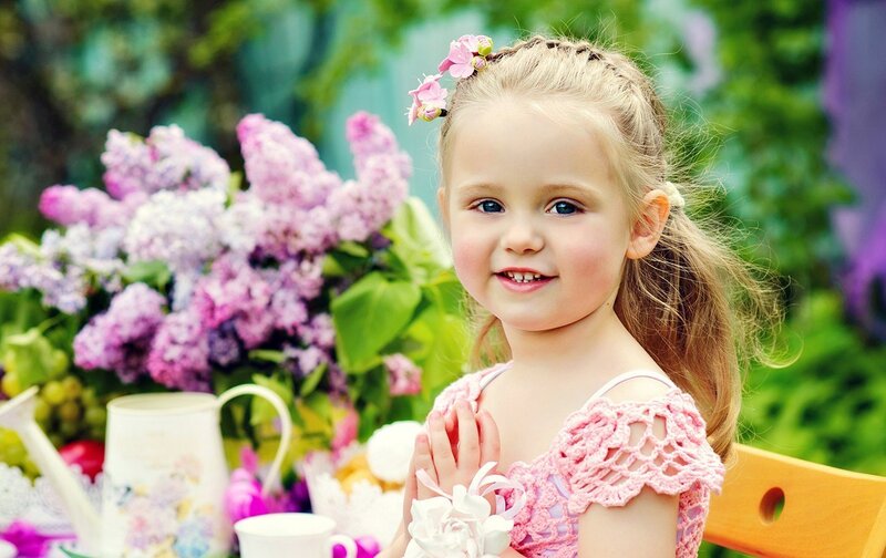Young Girl with Flowers — Pink, Serene, Spring, Photograph, Tea Set