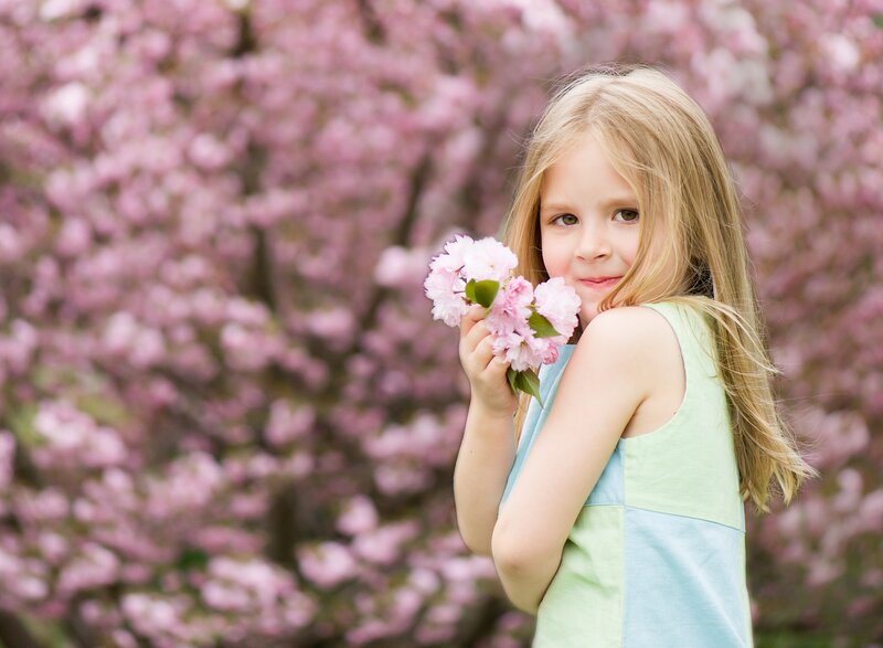 Young Girl with Flowers — Pink, Serene, Spring, Photograph, Tree