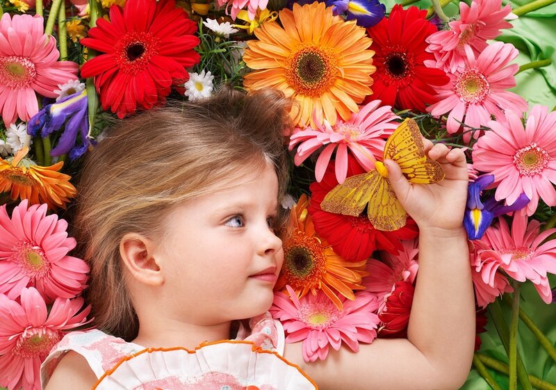 Young Girl with Flowers — Pink, Serene, Spring