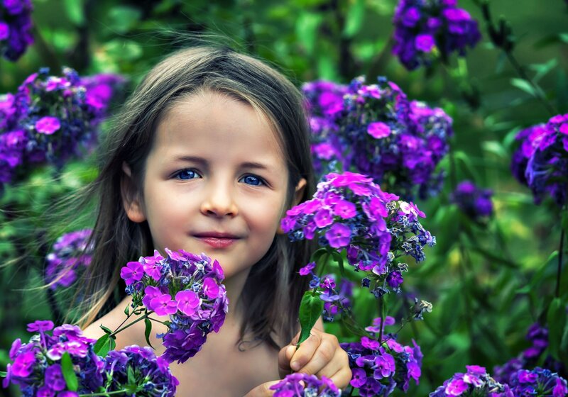 Young Girl with Flowers — Purple, Serene, Afternoon