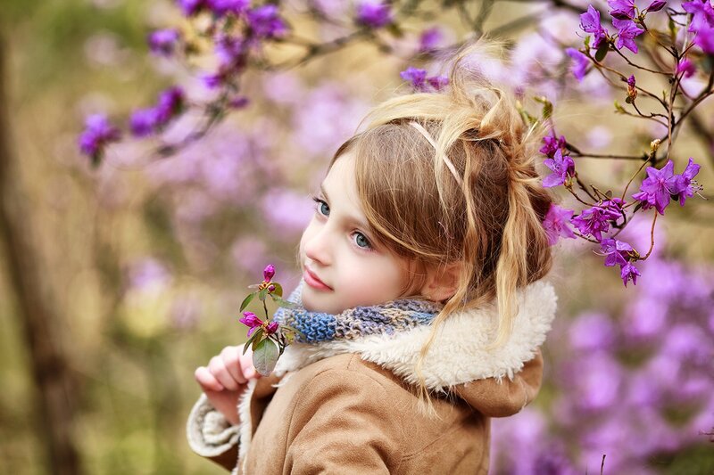 Young Girl with Flowers — Purple, Serene, Spring, Photograph