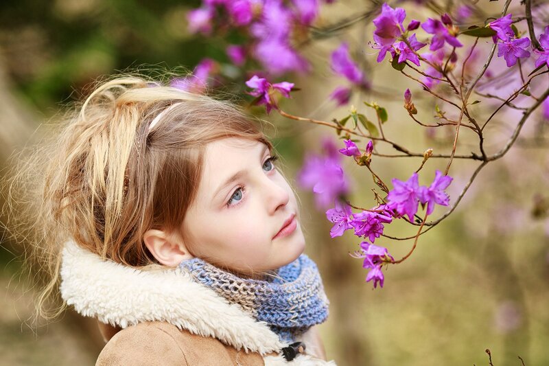 Young Girl with Flowers — Purple, Serene, Spring