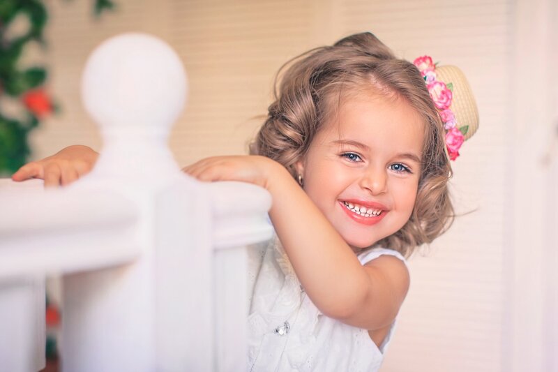 Young Girl with Flowers — White, Happy