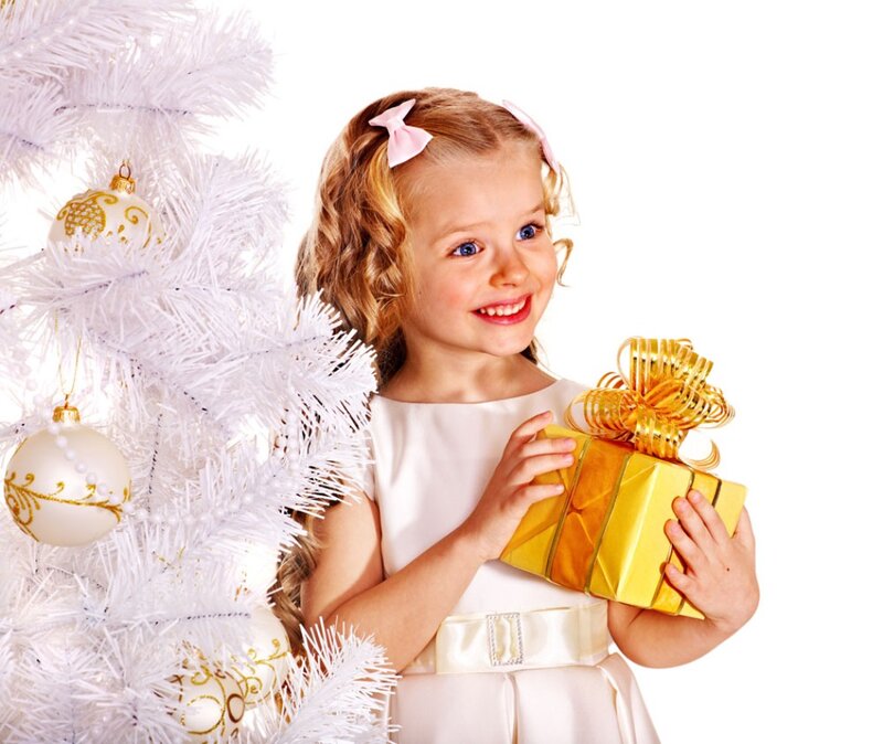 Young Girl with Gift — White, Joyful